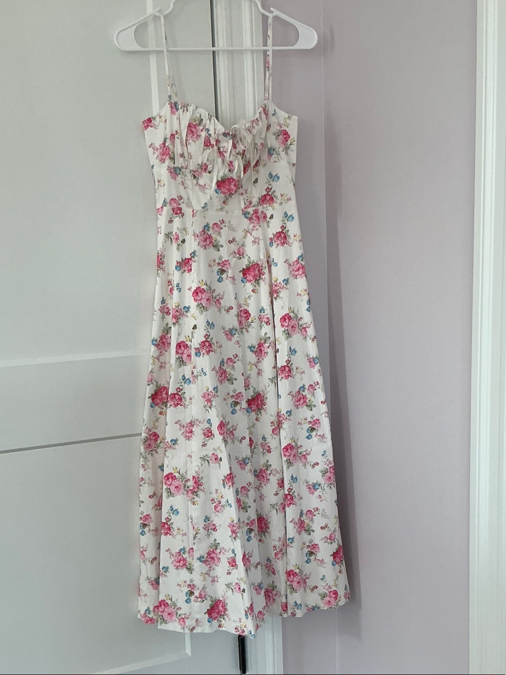 Altar'd State Pink Floral Ruffle-Front Spaghetti Strap Dress on Cream
